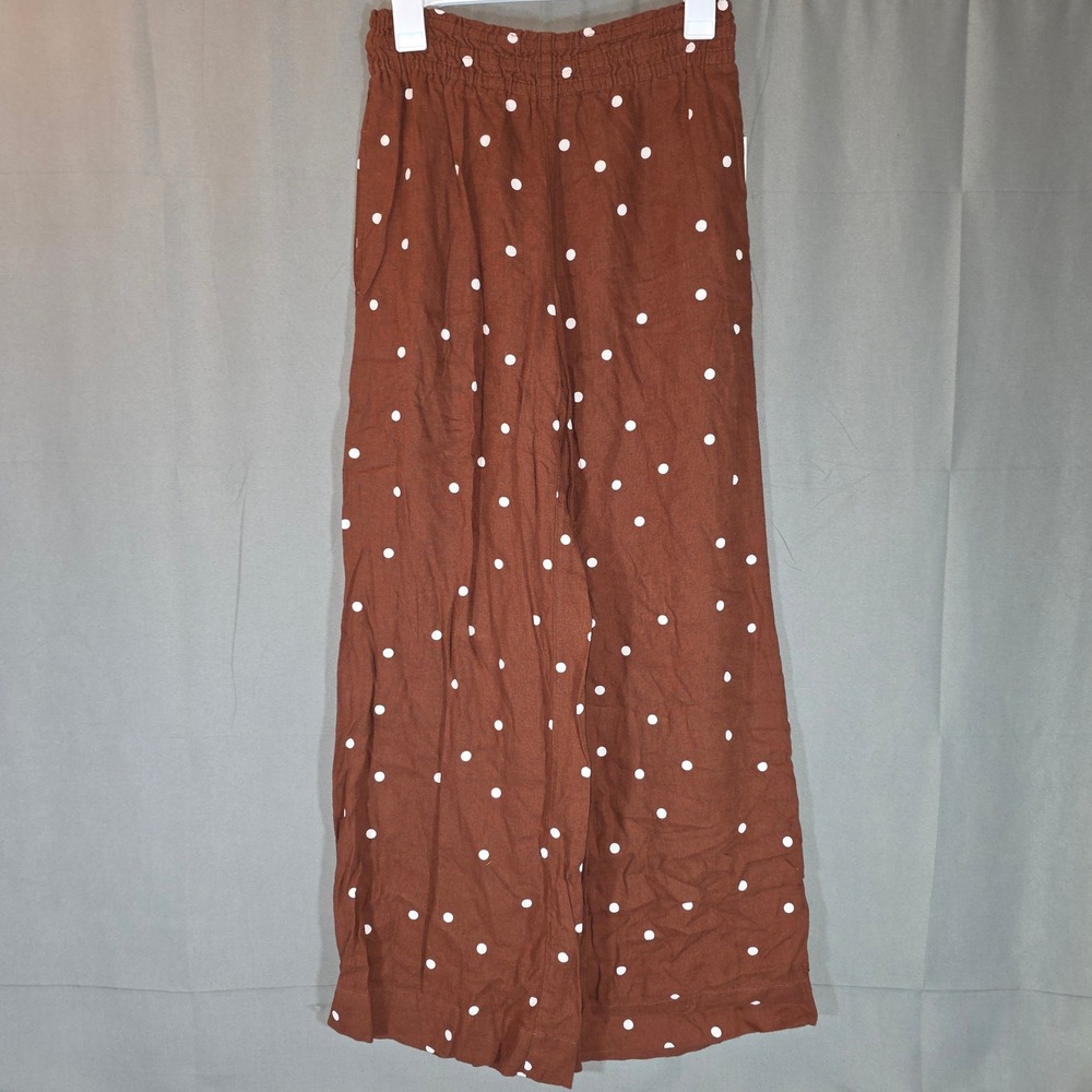 A New Day Brown Polka Dot Wide Leg Linen Blend Pants XS NWT Smocked Waist